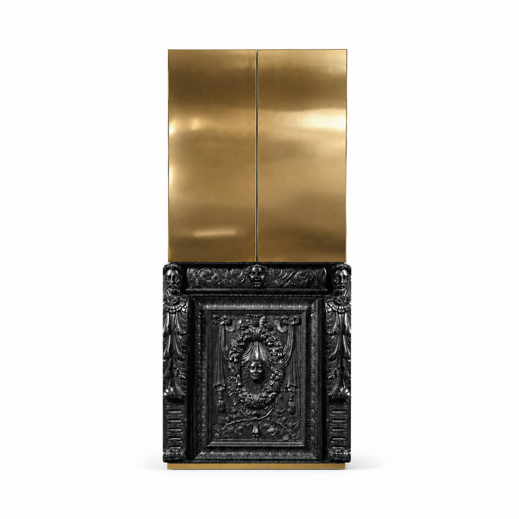 Silenus drinks cabinet with polished brass doors and hand-carved black wooden base.