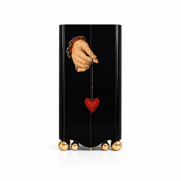 Amora drinks cabinet with open brass-lined interior, glass shelves and integrated LED lighting.