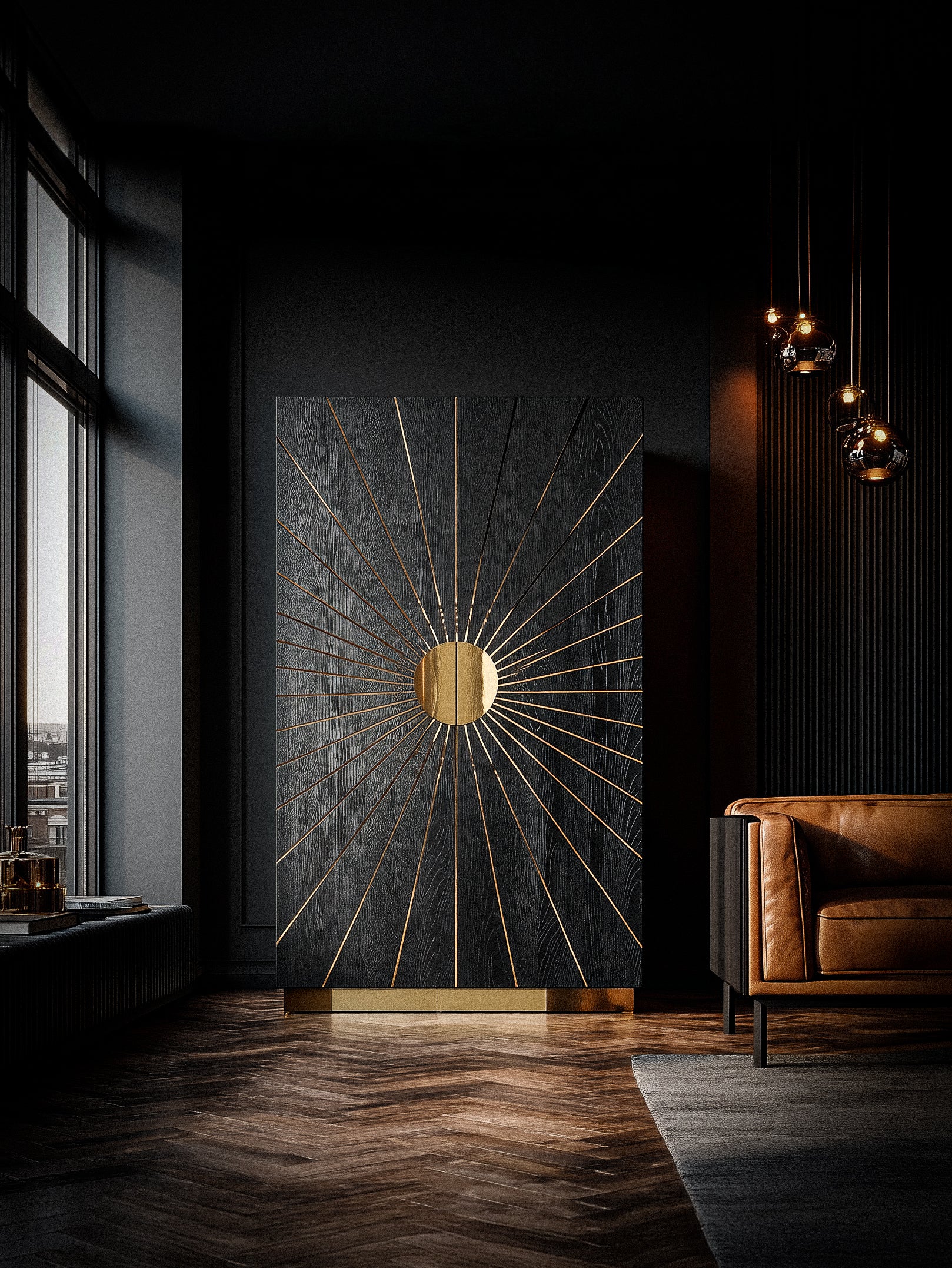 Elegant wardrobe with brass inlays and satin black ash finish.