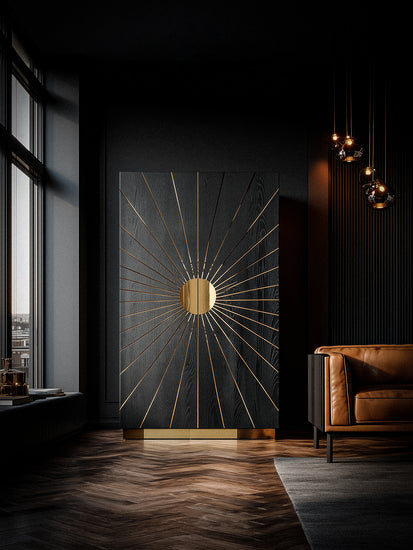 Elegant wardrobe with brass inlays and satin black ash finish.