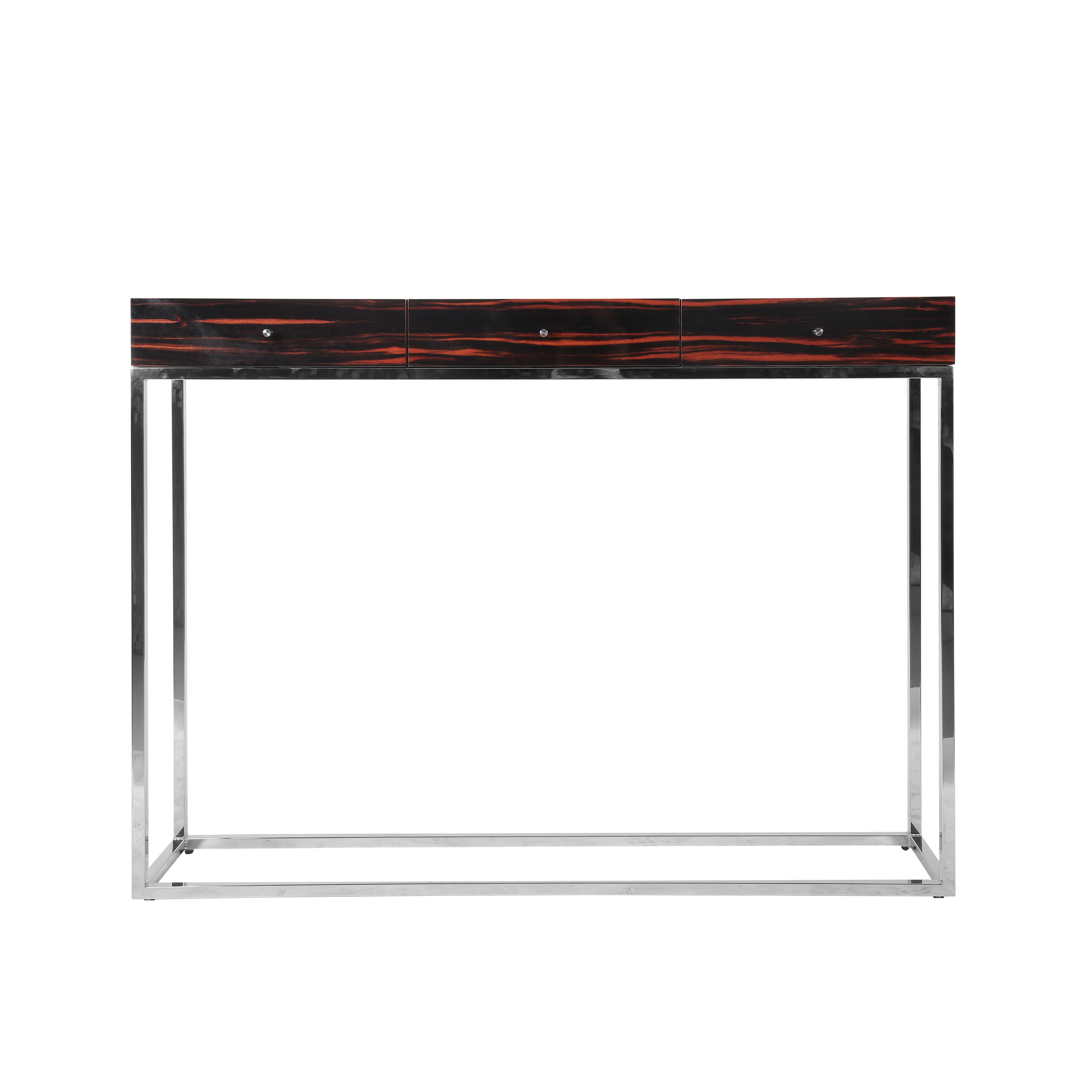 Contemporary console with glossy surface and linear steel structure.