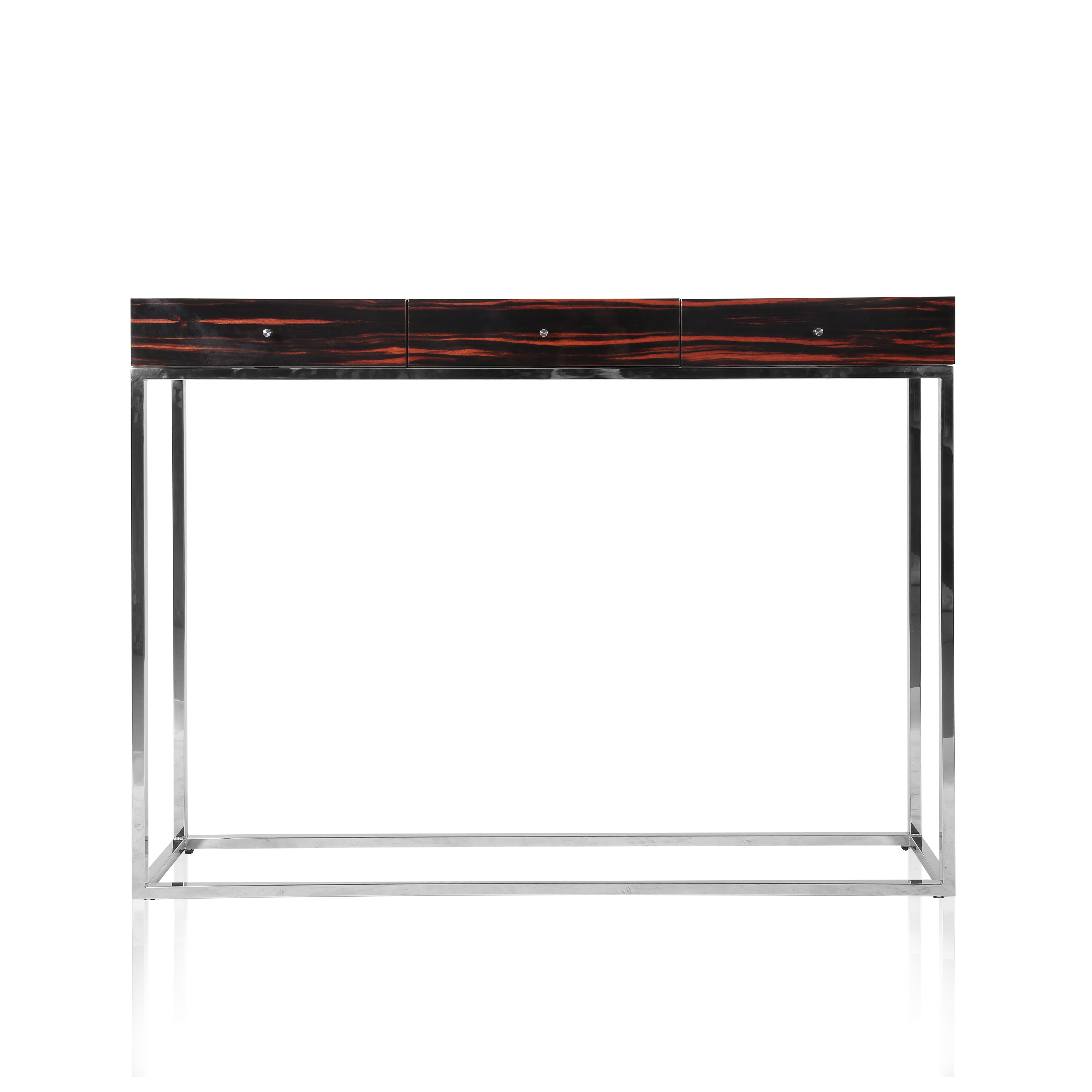 Astra console table in high-gloss Macassar ebony with polished stainless-steel frame.