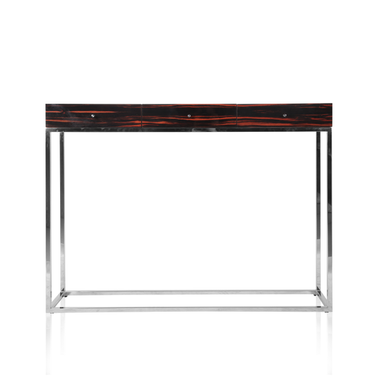 Astra console table in high-gloss Macassar ebony with polished stainless-steel frame.