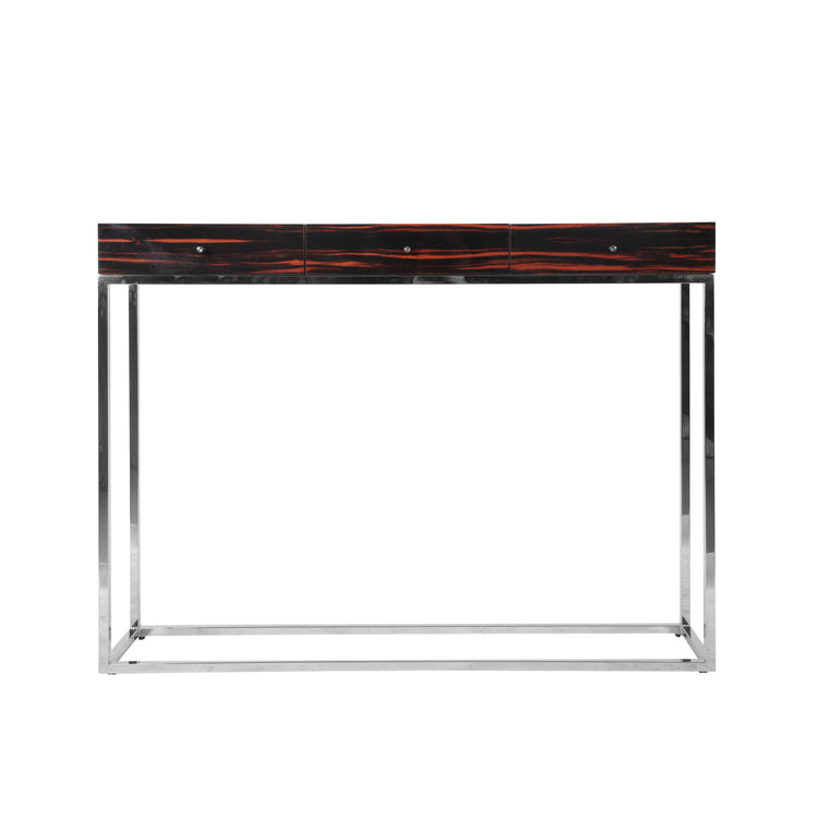 Contemporary console with glossy surface and linear steel structure.