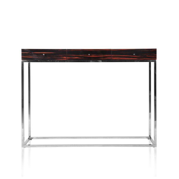 Astra console table in high-gloss Macassar ebony with polished stainless-steel frame.