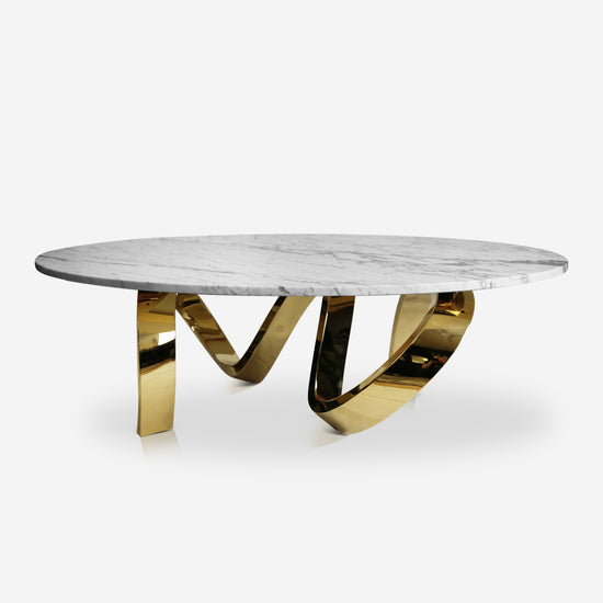 Erebus Coffee Table – Calacatta marble top with gold-plated sculptural stainless steel base by Hekla Property.
