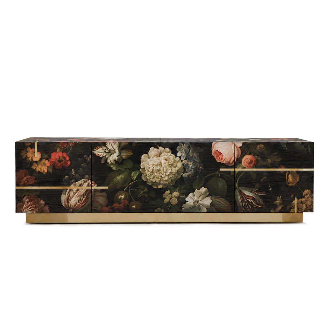 Aurelia sideboard with botanical floral artwork printed on dark oak veneer, polished brass inlays and a brass plinth base.