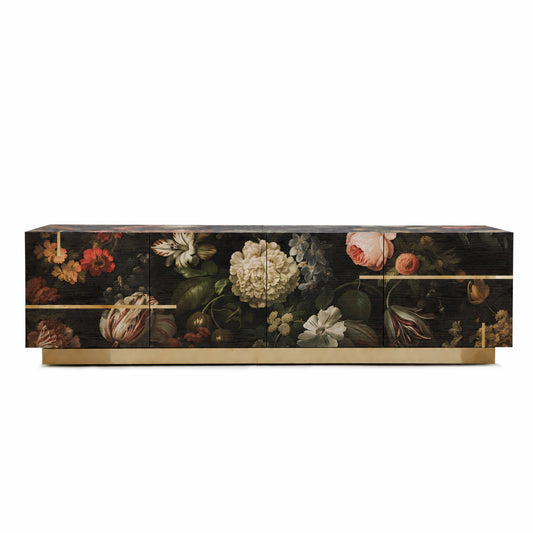 Aurelia sideboard with botanical floral artwork printed on dark oak veneer, polished brass inlays and a brass plinth base.