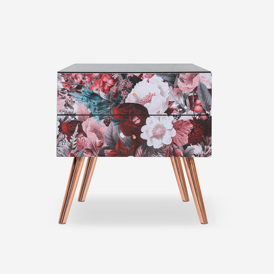 Flora Nightstand crafted from ash veneer with printed floral artwork and copper legs