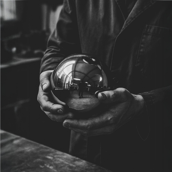 Person holding a reflective metallic sphere with a blurred background