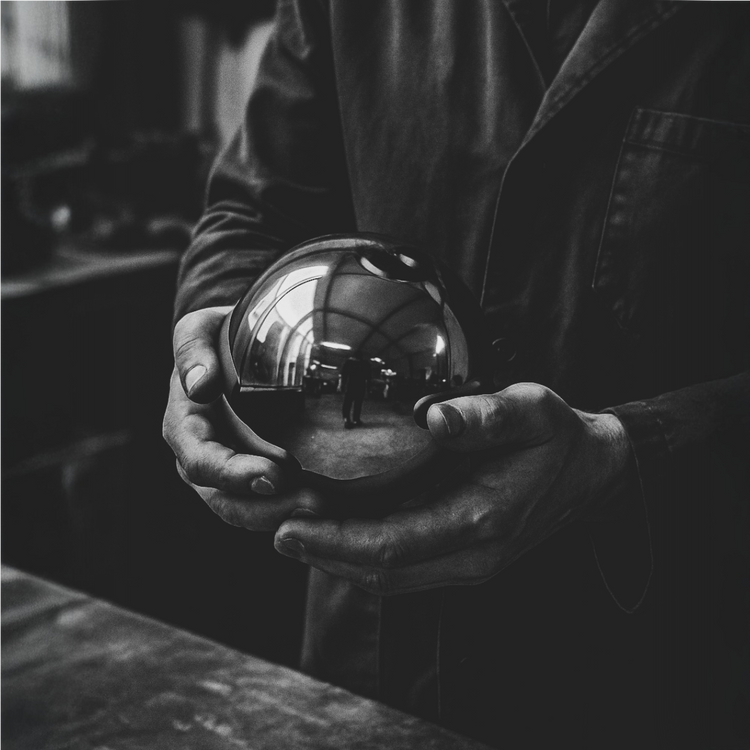 Person holding a reflective metallic sphere with a blurred background