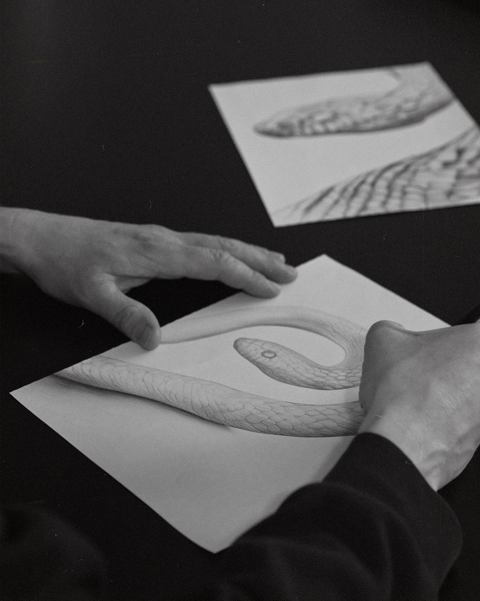 A black and white photograph showing a person's hands holding a white sheet of paper with a detailed drawing of a snake, with another sketch visible in the background on a dark surface.
