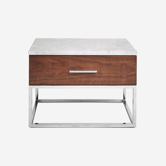 JOKLA Nightstand with Carrara marble top, walnut veneer drawer, and stainless steel base