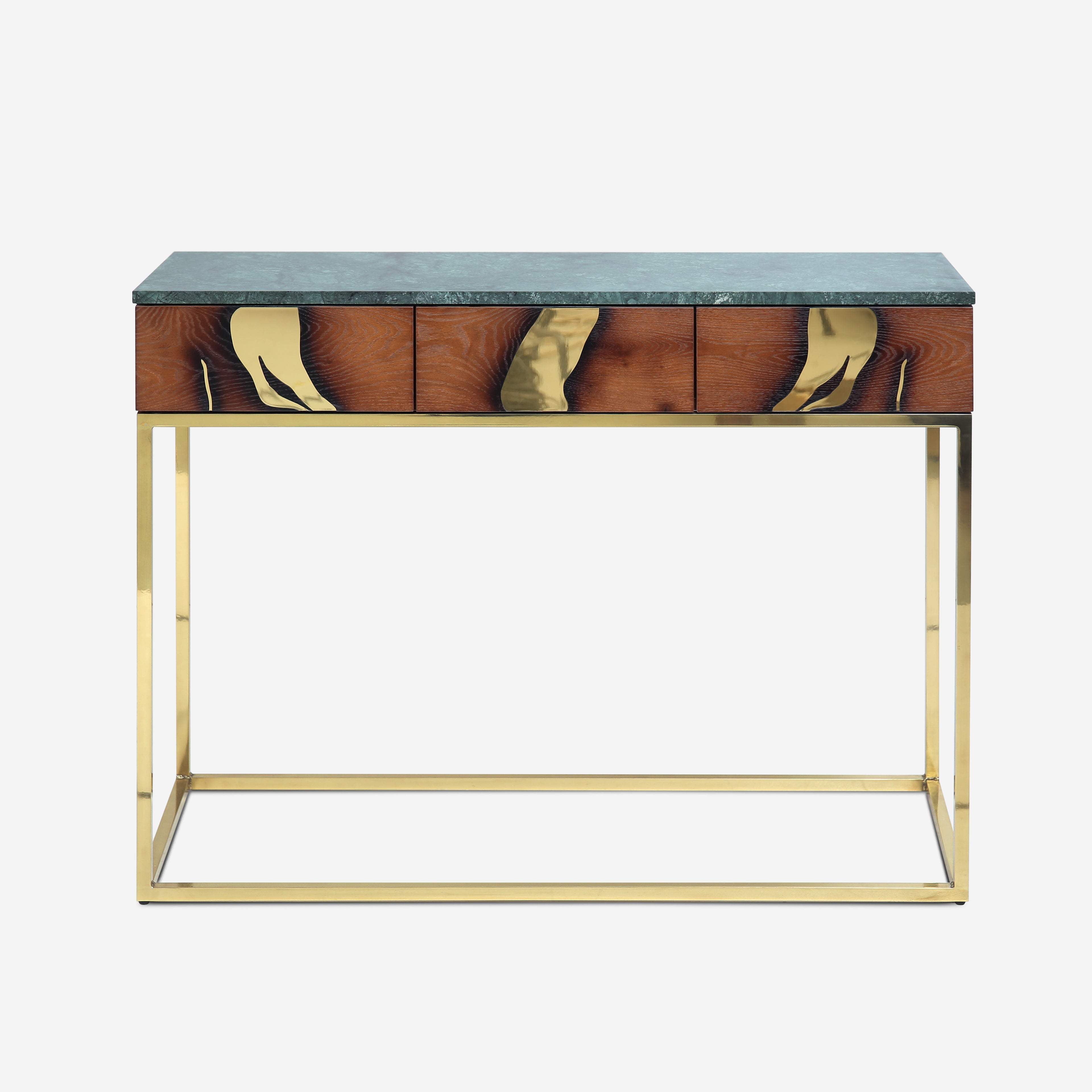 Laxa Console Table in oak veneer with polished brass inlays and Verde Alpi marble top by Hekla Property.