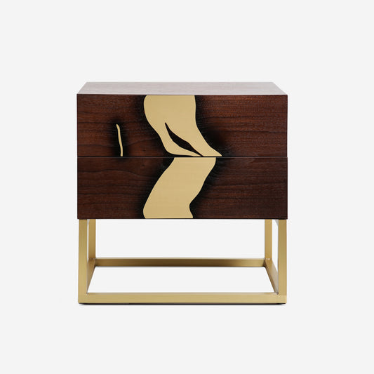 Laxa Nightstand in American walnut veneer with brass inlay and brass base