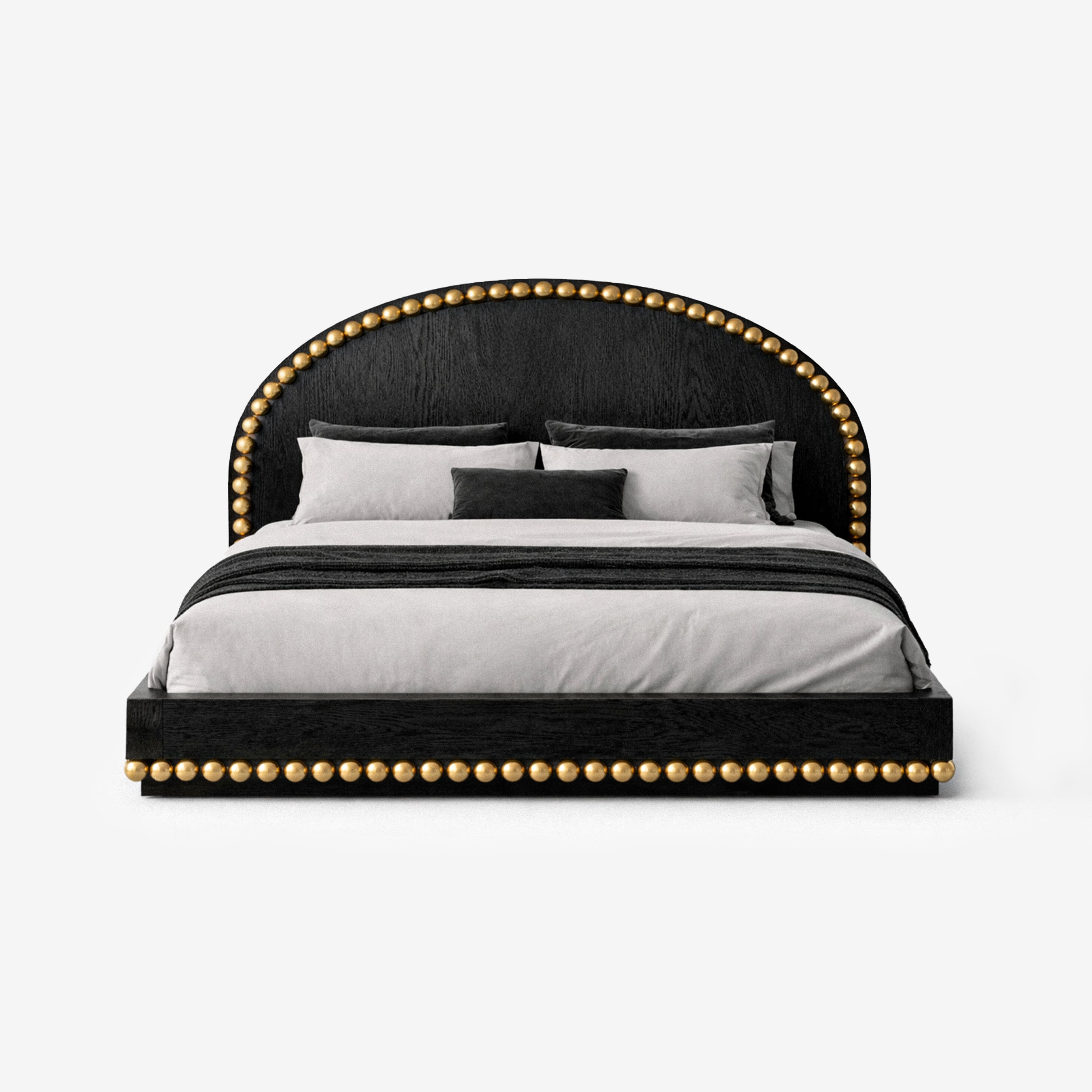 Lustra Bed in black ash veneer with polished brass sphere detailing