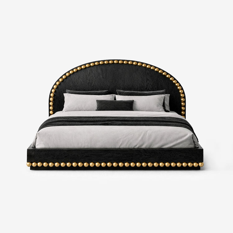 Lustra Bed in black ash veneer with polished brass sphere detailing