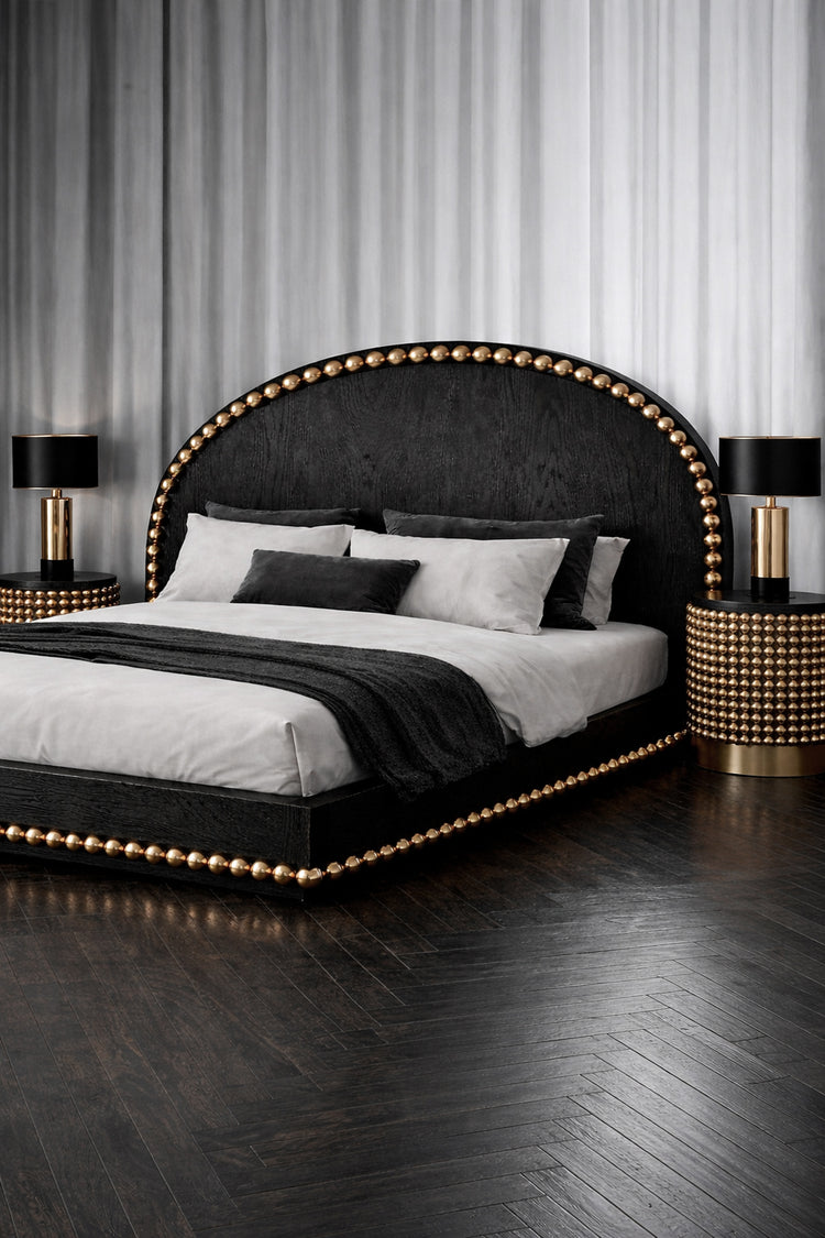 High-end accent table with textured gold spheres and black ash finish, designed by Railis Kotlevs