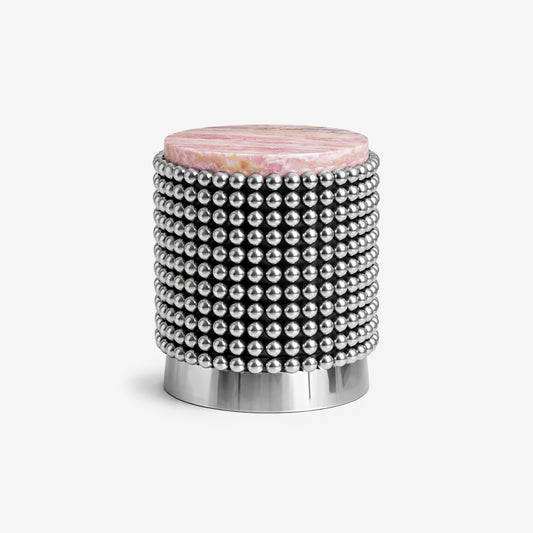 Lustra side table with chrome sphere base and pink onyx tabletop.