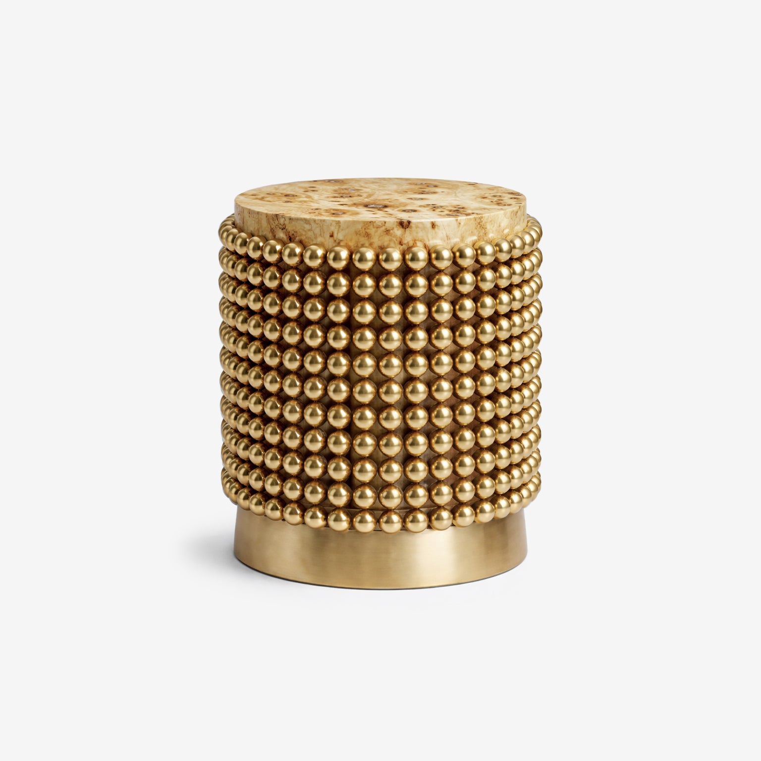 Sculptural Lustra side table featuring gold plated metal spheres and poplar burl top.