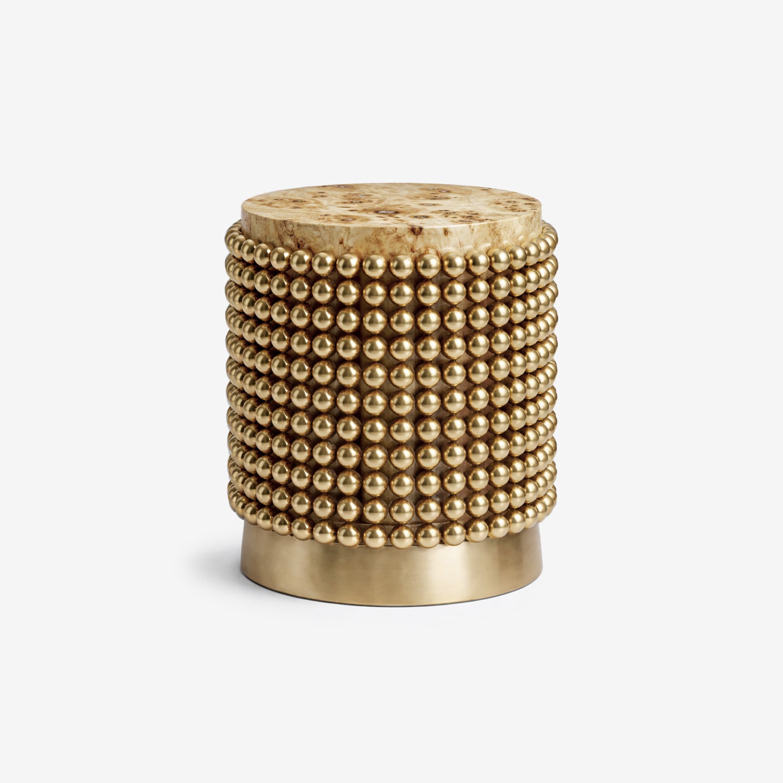 Lustra side table with gold sphere base and poplar burl veneer top, designed by Railis Kotlevs