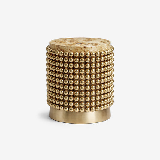 Lustra side table with gold sphere base and poplar burl veneer top, designed by Railis Kotlevs