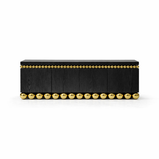Lustra Sideboard in black ash veneer with gold-plated stainless steel spheres.
