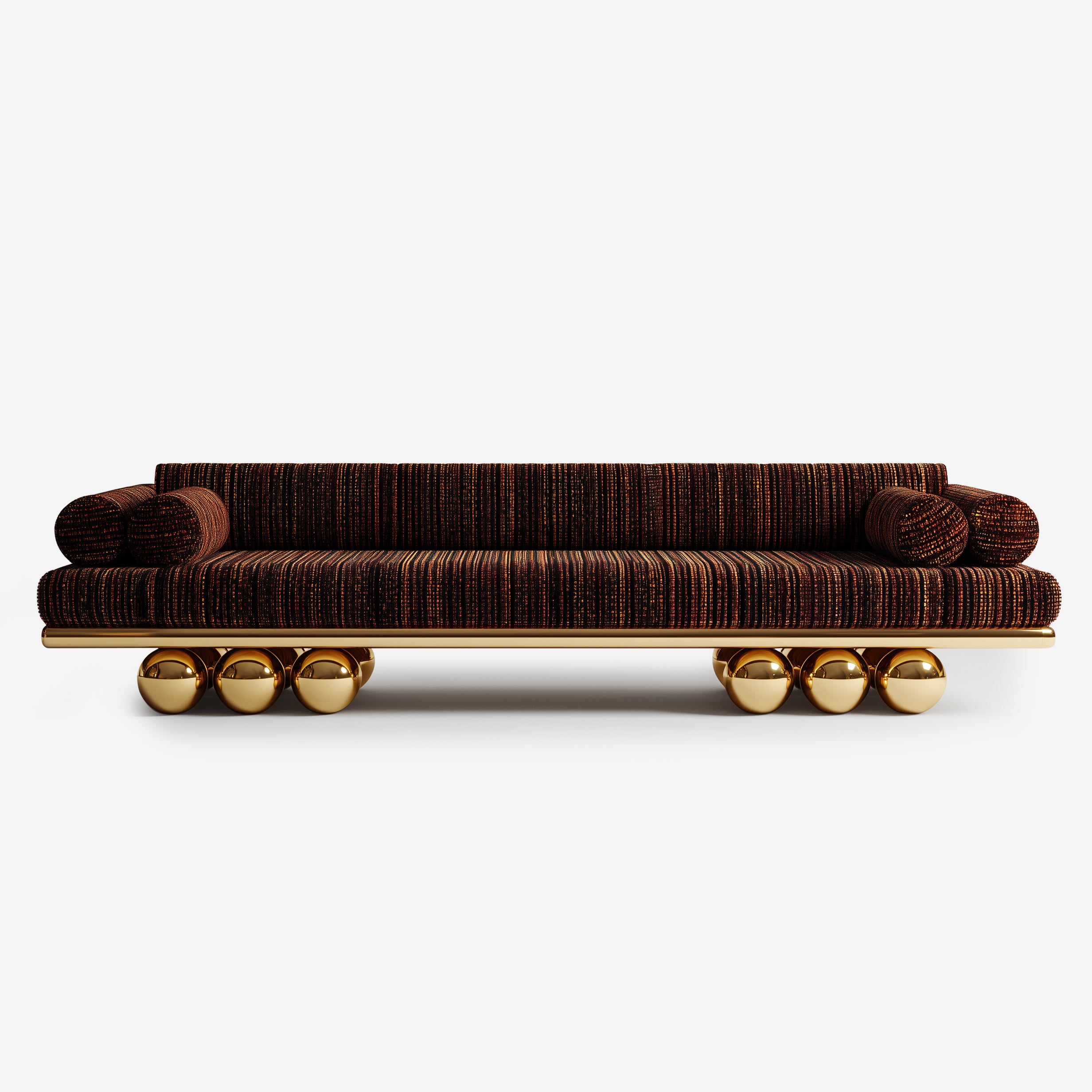 Lustra Sofa front view with gold-plated spherical base and bronze fabric.