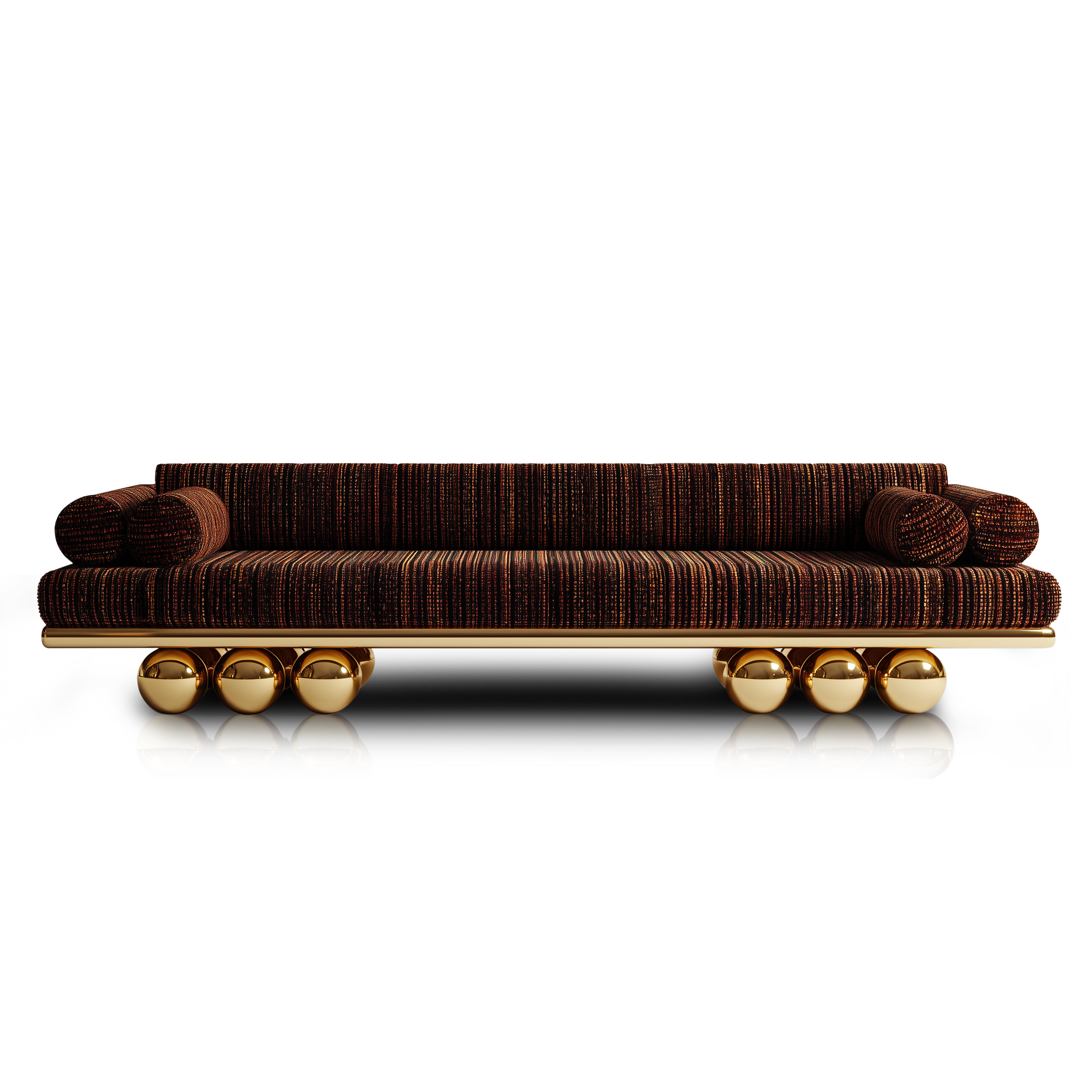 Handmade designer sofa with sculptural gold base and modern silhouette.