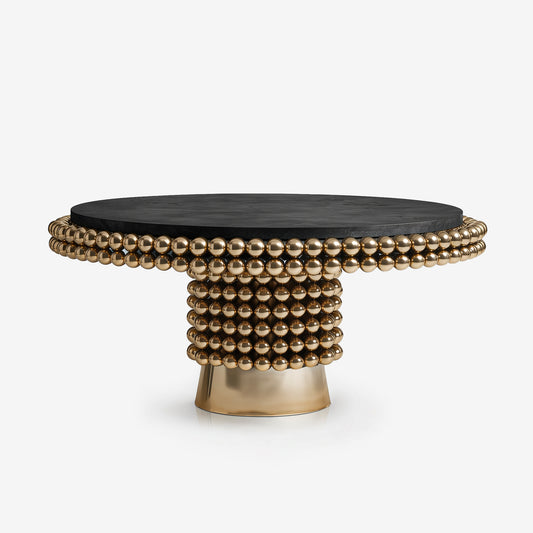 Lustra dining table with black ash veneer top and gold-plated sphere base by Hekla Property