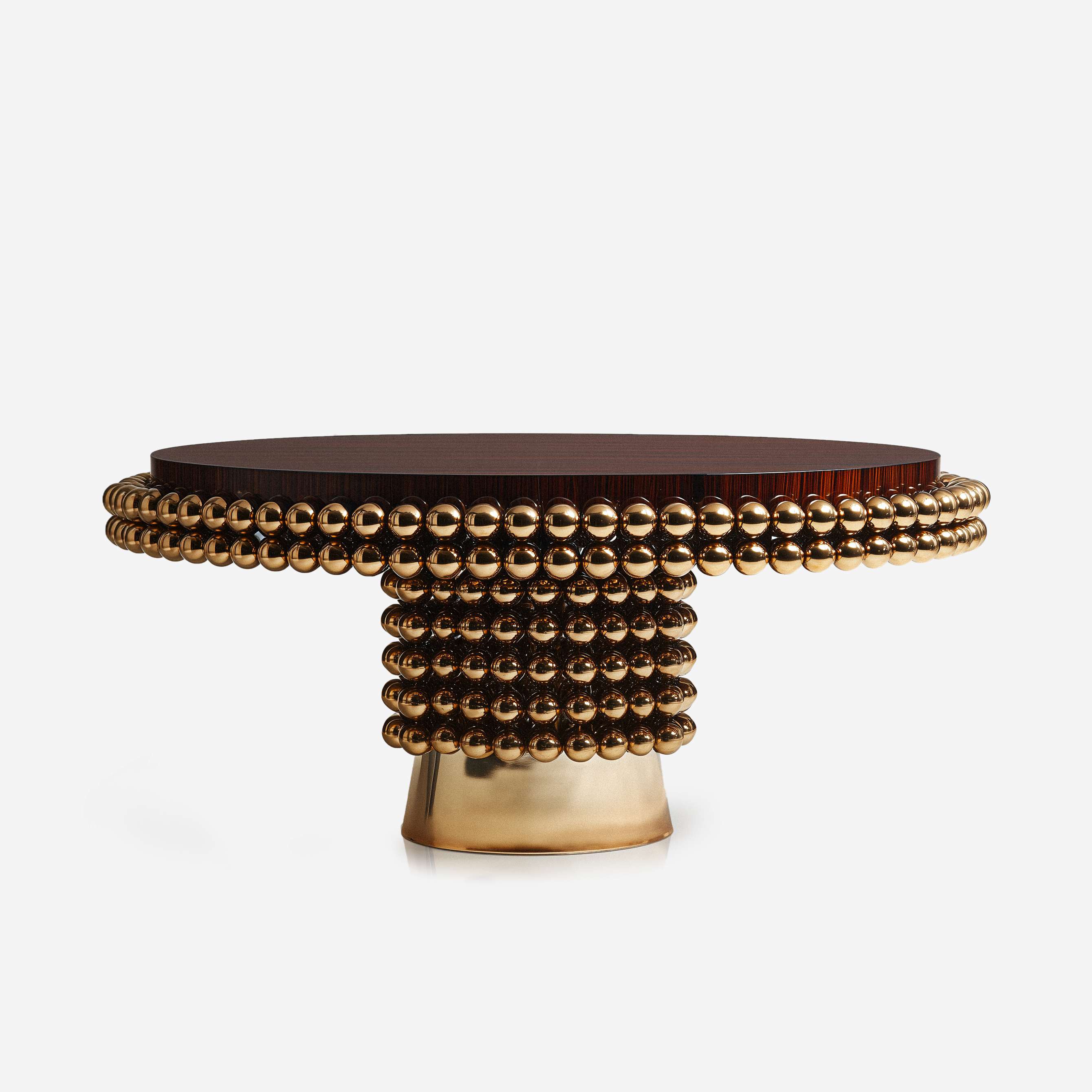 Lustra round dining table by Hekla Property featuring a dark wood veneer top and sculptural gold-plated sphere base on a white studio background.