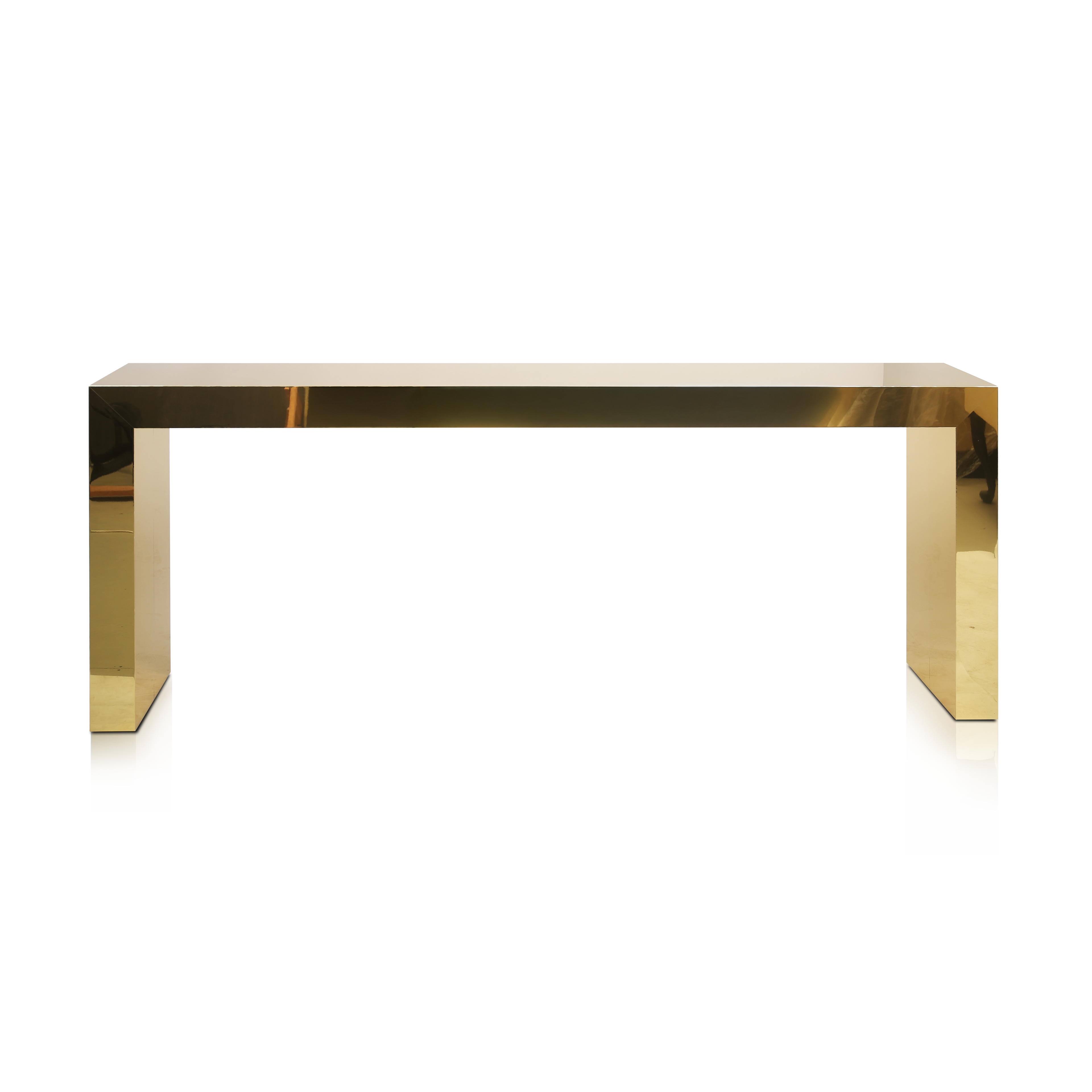 Polished brass console table with minimalist geometric design by Hekla Property.