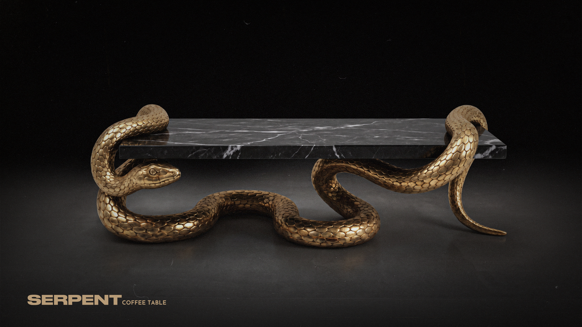 A serpentine coffee table with a polished gold-finished metal base shaped like a coiled snake and a rectangular black marble top, shown on a dark studio background. The brand name 'SERPENT' appears in the lower-left corner.