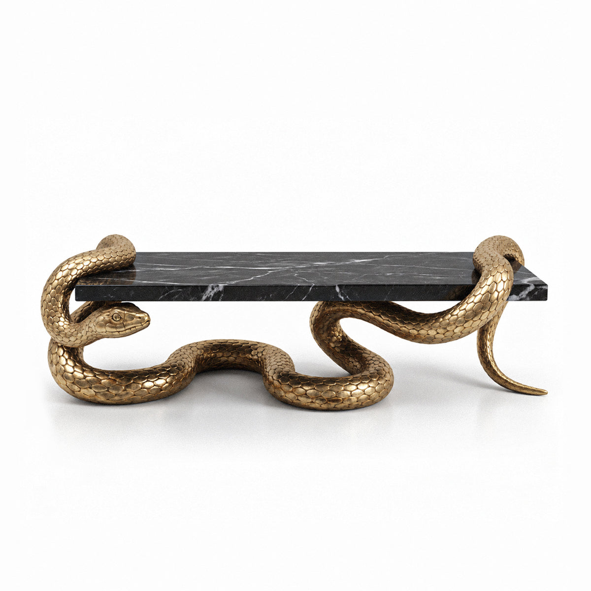 Serpent Coffee Table with black Nero marble top and sculptural aged-gold serpent base.