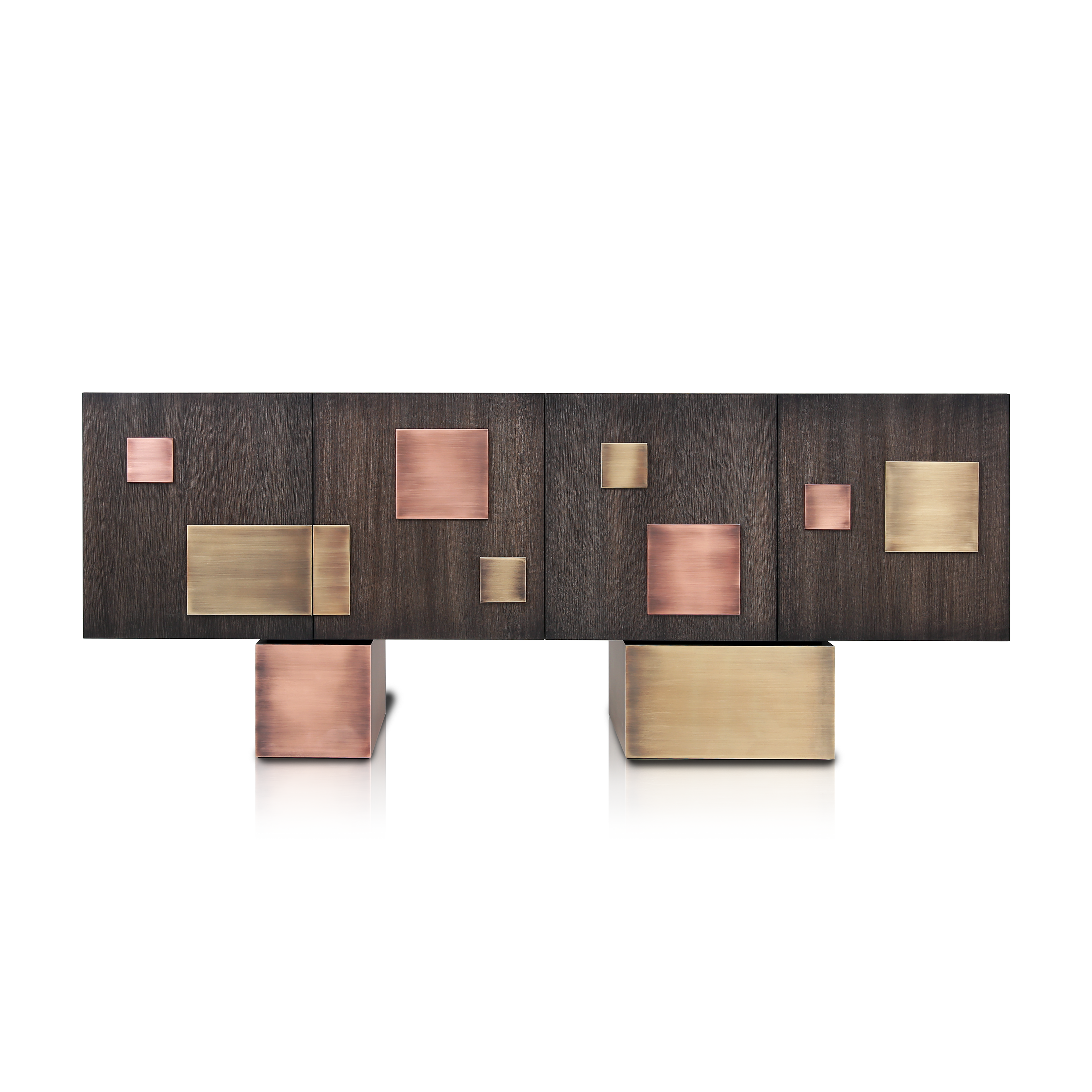 Echo Sideboard in dark oak veneer with brushed copper and brass geometric elements by Hekla Property.