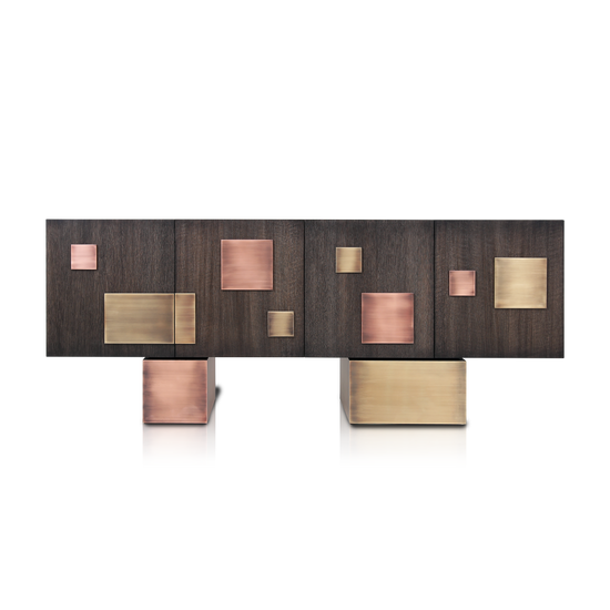 Echo Sideboard in dark oak veneer with brushed copper and brass geometric elements by Hekla Property.