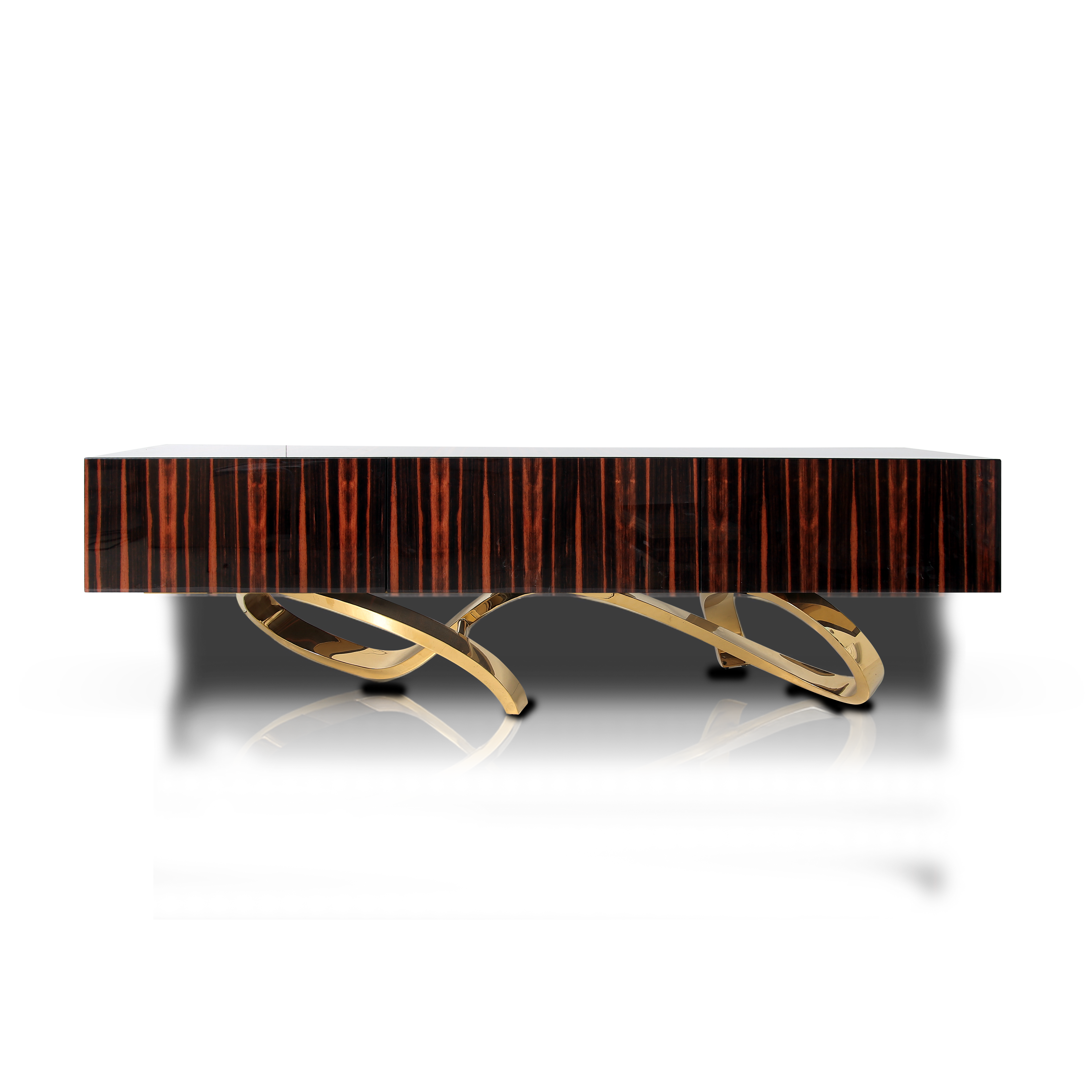 Luxury ebony sideboard with curved copper-plated steel base and soft-close doors