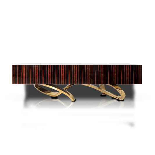 Luxury ebony sideboard with curved copper-plated steel base and soft-close doors