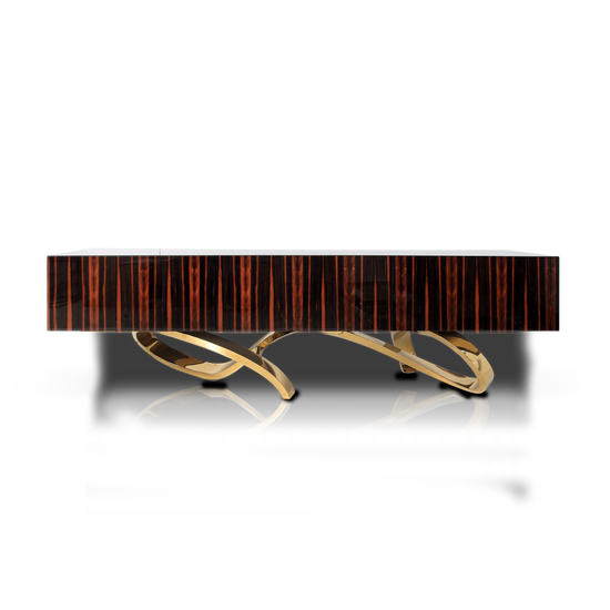 Luxury ebony sideboard with curved copper-plated steel base and soft-close doors