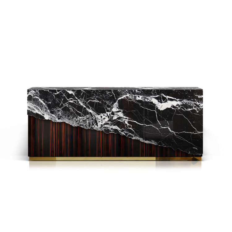 Black marble sideboard in black Nero marble, ebony veneer, brass.Luury