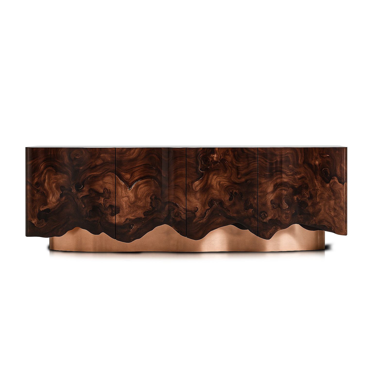 High-gloss walnut burl cabinet with sculptural copper plinth and organic flowing edges.
