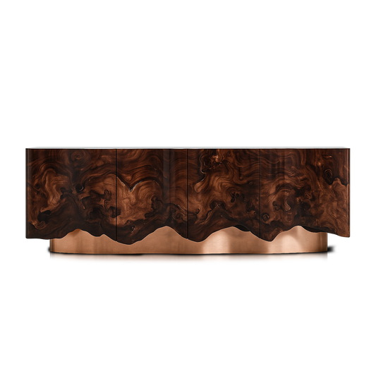 High-gloss walnut burl cabinet with sculptural copper plinth and organic flowing edges.