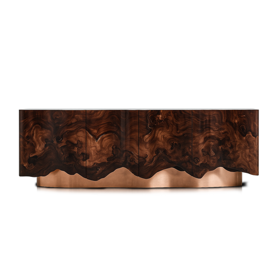 High-gloss walnut burl cabinet with sculptural copper plinth and organic flowing edges.