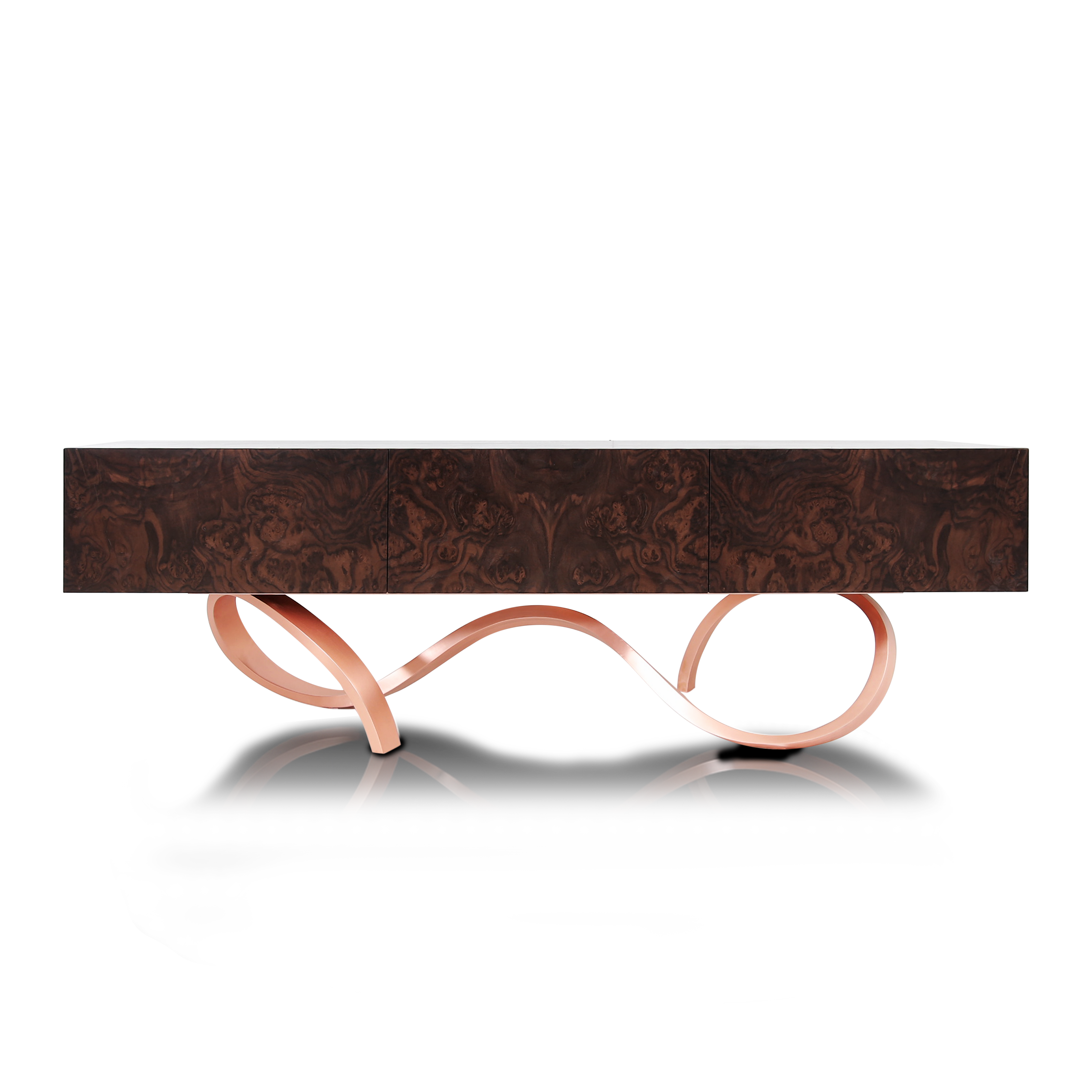 Athena sideboard in burl walnut and copper legs
