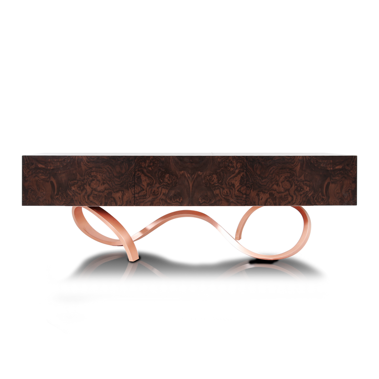 Athena sideboard in burl walnut and copper legs