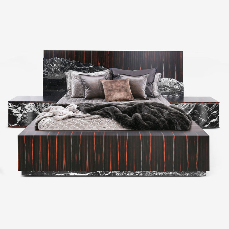 Modern bedroom set with marble-patterned headboard and footboard on a white background