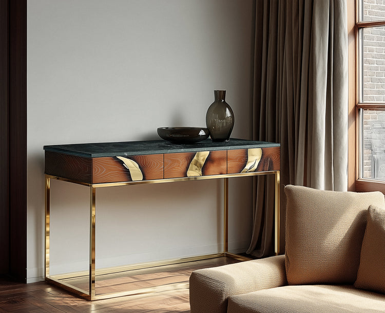 Contemporary console design inspired by Icelandic river flow, featuring brass inlays and marble top.
