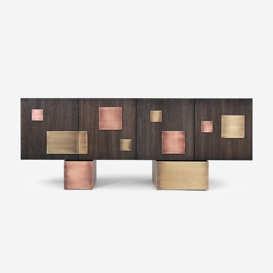 Echo Sideboard in dark oak veneer with brushed copper and brass geometric elements by Hekla Property.