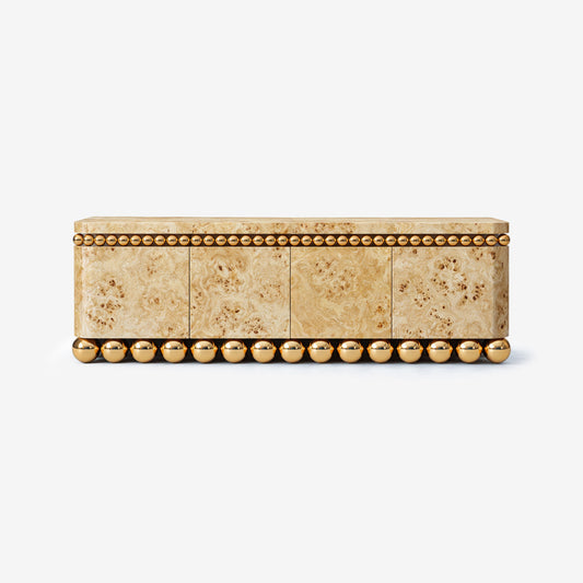 Lustra Sideboard in poplar burl veneer with gold-plated stainless steel spheres.