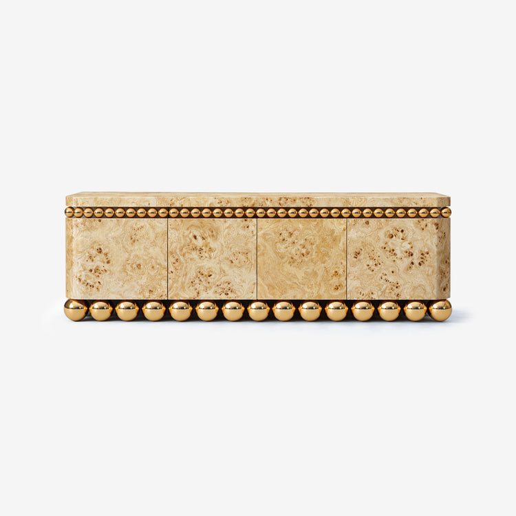 Lustra Sideboard in poplar burl veneer with gold-plated stainless steel spheres.
